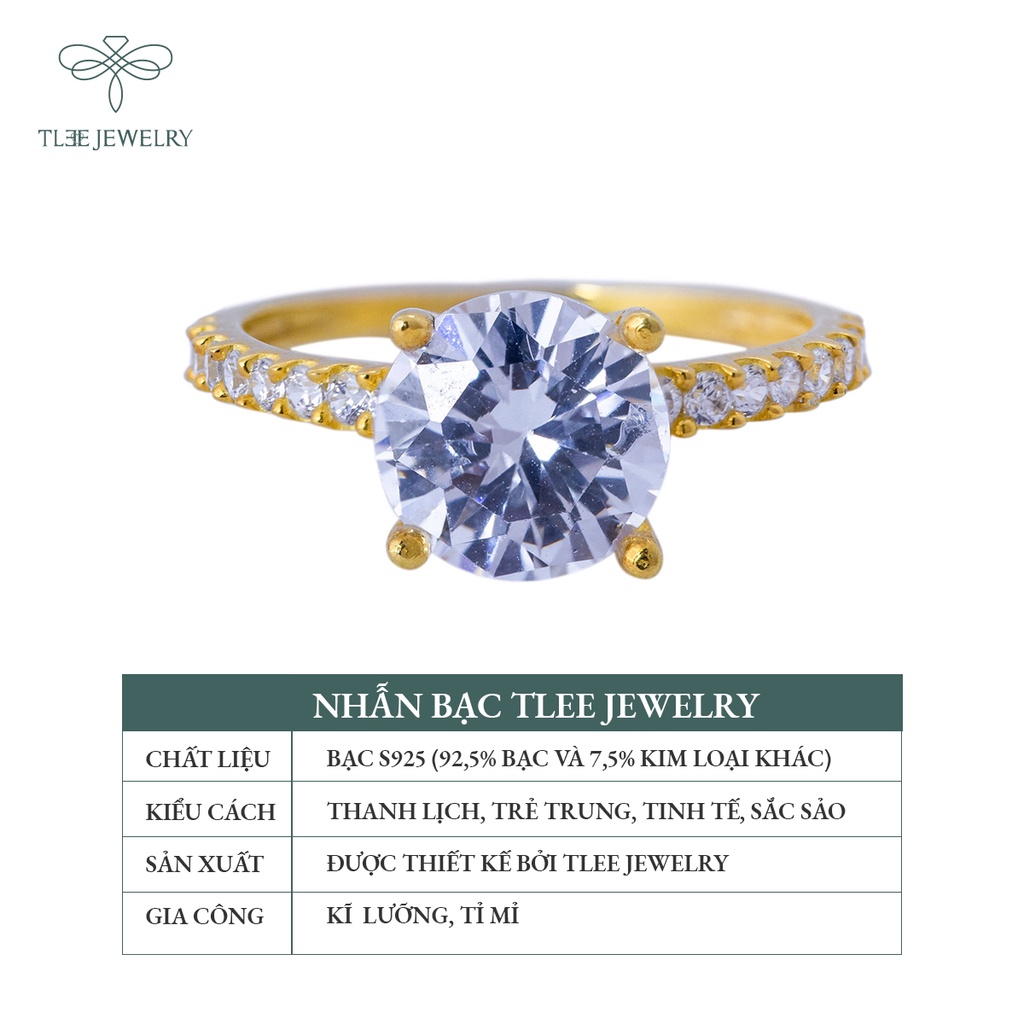 Nhẫn bạc nữ TLEE trụ đá bốn chấu mạ vàng 14k ổ đá 8li sang trọng NCJ A0150