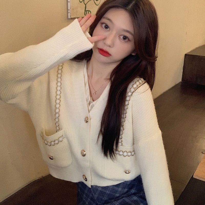 Áo khoác cardigan dệt kim dáng ngắn cổ V tay dài phong cách Pháp 176651