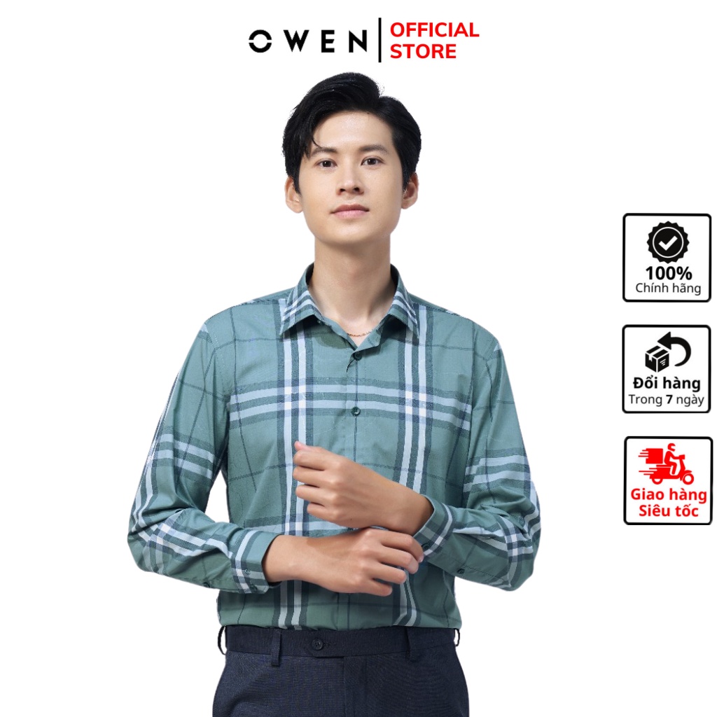 Áo sơ mi nam dài tay OWEN AS220854D công sở vải sợi tre cao cấp kẻ màu kẻ caro lớn xanh đậm dáng ôm tà lượn không túi