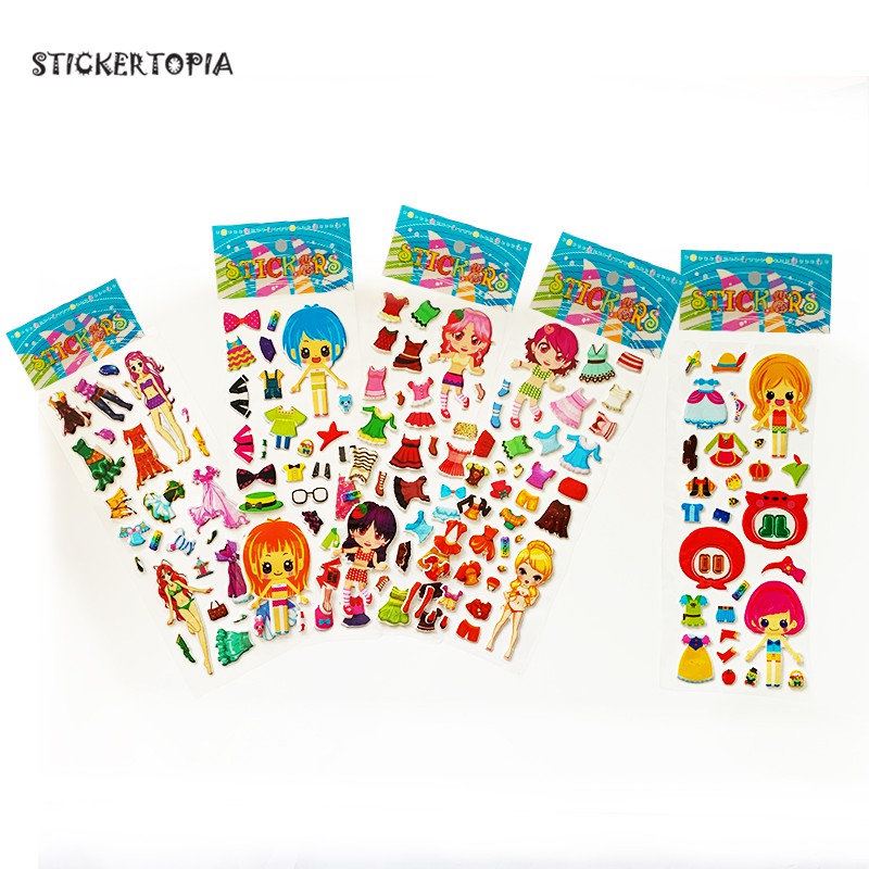 Các tấm khác nhau 3D Bong bóng Puffy Stickers cho các cô gái Bé trai Phim hoạt hình Cô gái Sticker Không thấm nước PVC Đồ chơi DIY Trẻ em Quà tặng trẻ em