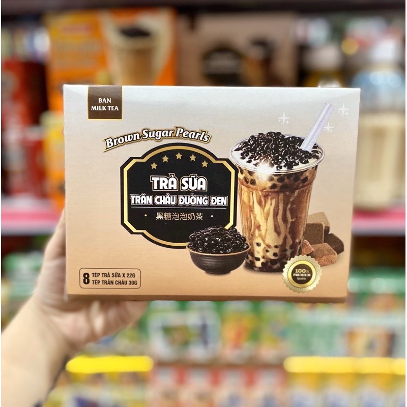 [Sẵn 03 vị] Trà sữa tự pha Ban Milk Tea (1 hộp gồm 8 gói trà sữa 22g + 8 gói trân châu 30g)