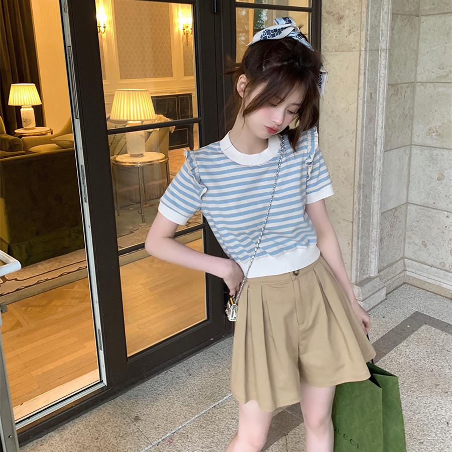 Áo dệt kim ZHELIHANGFEI tay ngắn họa tiết kẻ sọc thời trang cho nữ