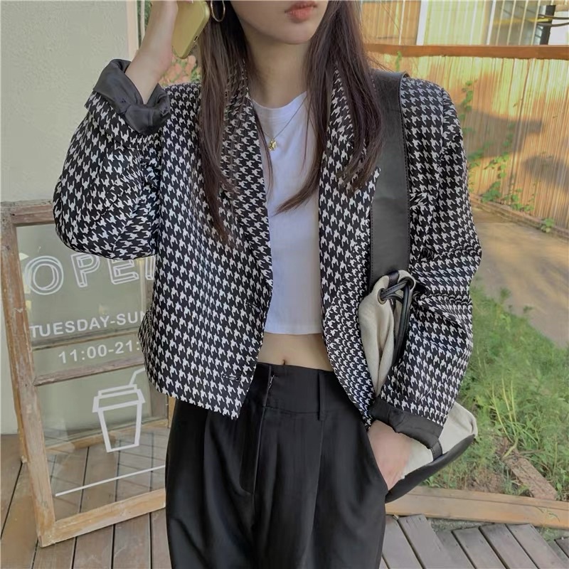 Kẻ Sọc Caro Phong Cách Hàn Quốc Dành Cho Nữ, Blazer Croptop