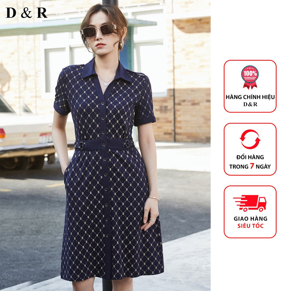 Đầm sơ mi thiết kế công sở nữ họa tiết BBR thanh lịch thương hiệu thời trang D&R D077
