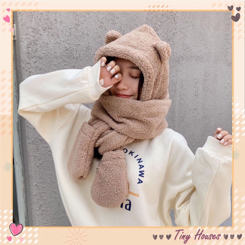 [ Mã LINHHTT01 giảm 10k] Mũ lên, mũ lông cừu kèm khăn quàng cổ và găng tay ấm áp Ulzzang Hàn Quốc - TinyShop