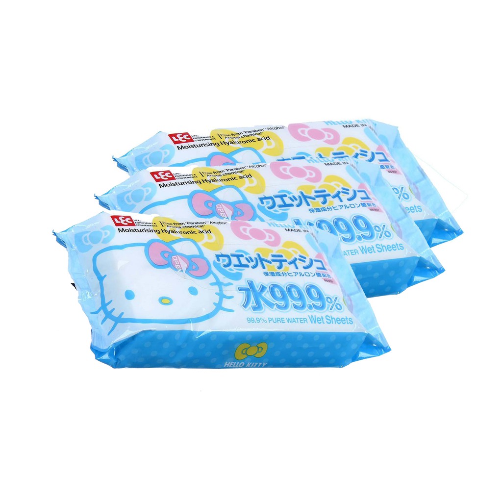 [Mã LTP50 giảm 50000 đơn 150000] Combo 3 gói giấy ướt nước tinh khiết 99,9% LEC Hello Kitty SS237 (80 tờ/gói)