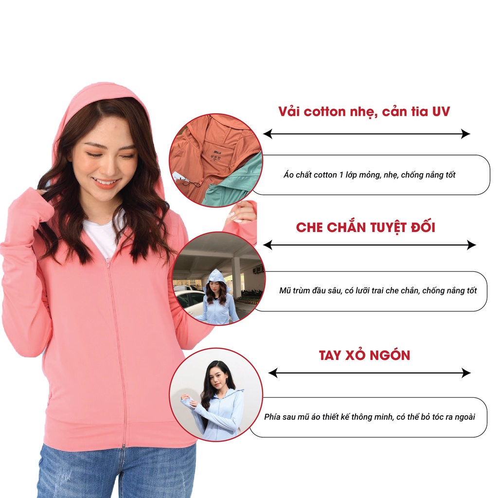 Áo chống nắng mỏng nhẹ cotton phối lưới hai bên eo thoáng khí tặng túi đựng áo JACWATER V300