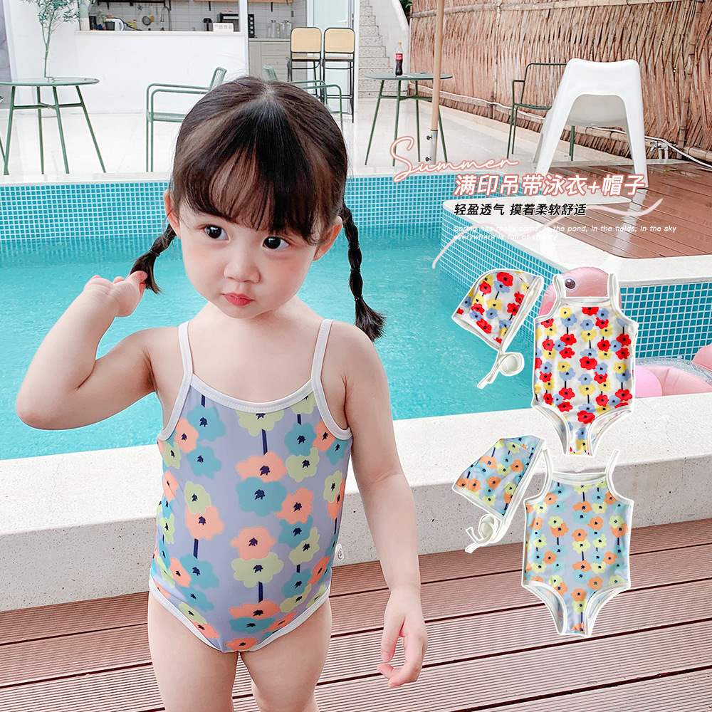 Đồ Bơi Một Mảnh In Hoa Có Mũ Phong Cách Hàn Quốc Dành Cho Bé Gái
