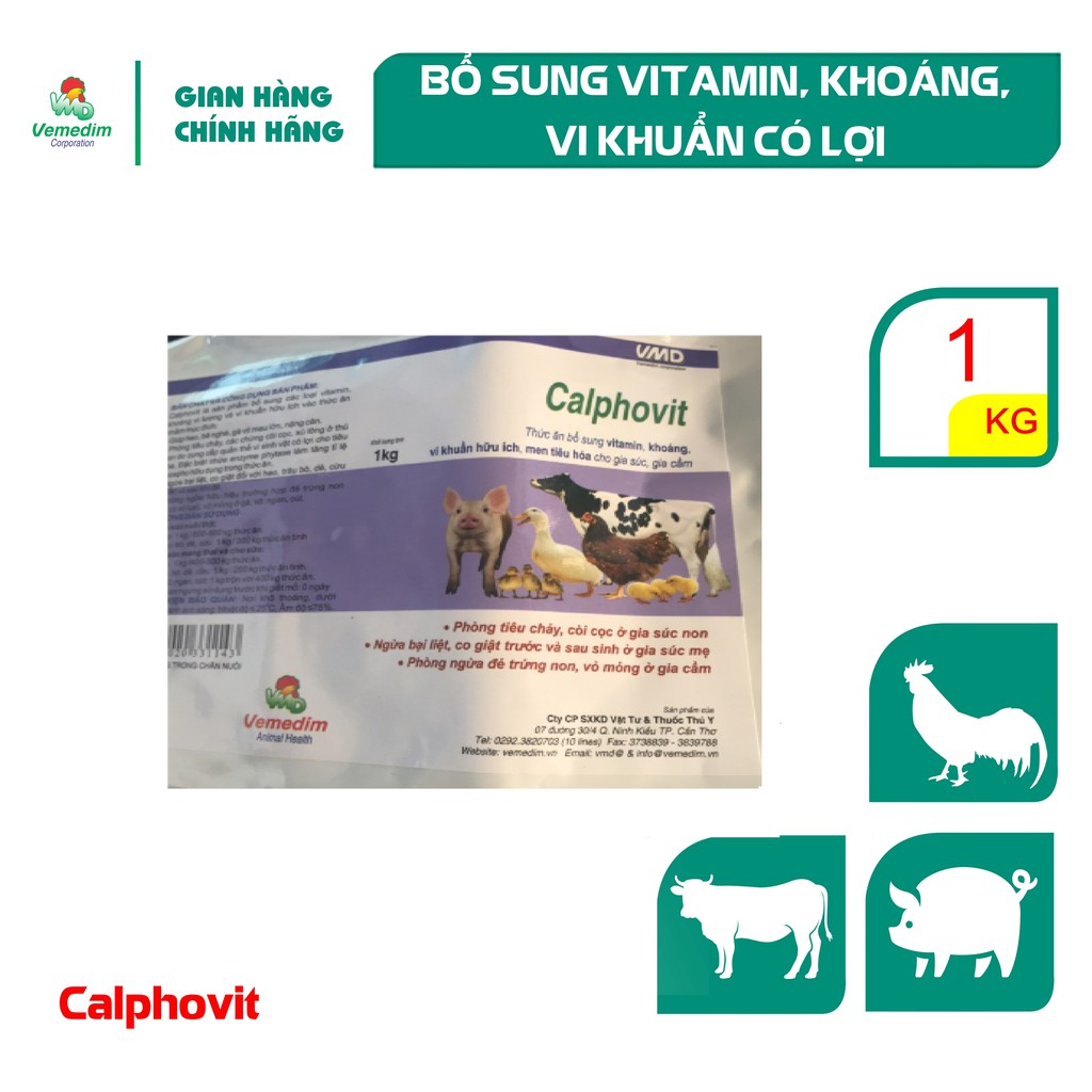 Vemedim Calphovit Thức ăn bổ sung vitamin, khoáng, men tiêu hóa cho gia súc, gia cầm, gói 1kg