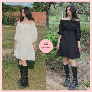 Váy đầm trễ vai 2 lớp tay phồng màu trắng đen Edel E113