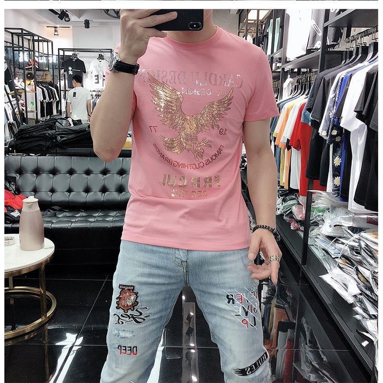 Áo Thun Tay Ngắn Cổ Tròn In Hình Đại Bàng 47% Vải Lụa Lạnh Nhanh Khô Thời Trang Mùa Hè Cho Nam