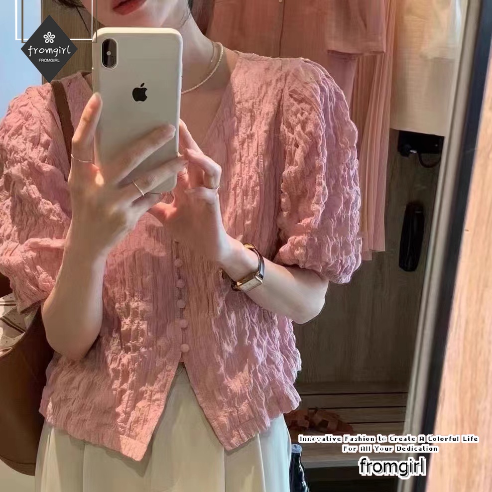 Áo Kiểu Tay Phồng Xếp Ly Phối Nút Thời Trang Hàn Quốc 2022 Cho Nữ