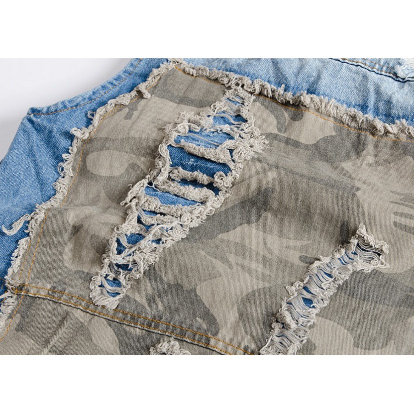 Áo gile rách nhẹ camo nam màu xanh