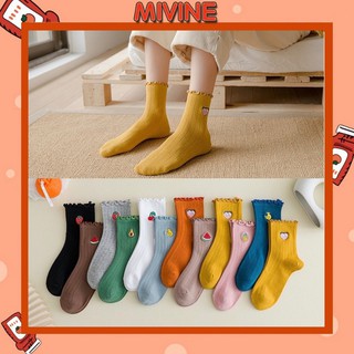 Tất nữ nhún cổ Mivine bèo thêu hoạt tiết trái cây style Hàn Quốc phong cách TN85