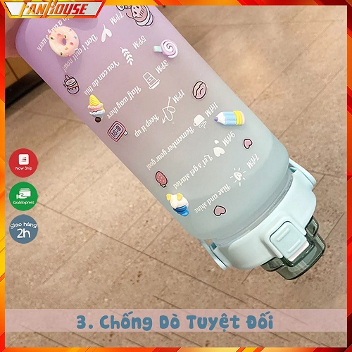 Bình nước 2 lít  có vạch chia nhắc giờ dành cho người lười uống nước, bình đựng nước thể thao 2L