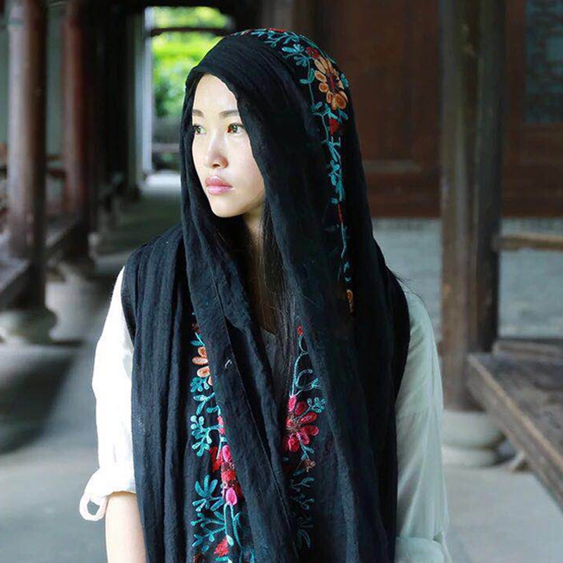 Khăn Choàng Lụa Cỡ Lớn Thêu Họa Tiết Hoa Phong Cách Dân Tộc Thời Trang Đi Biển Mùa Hè