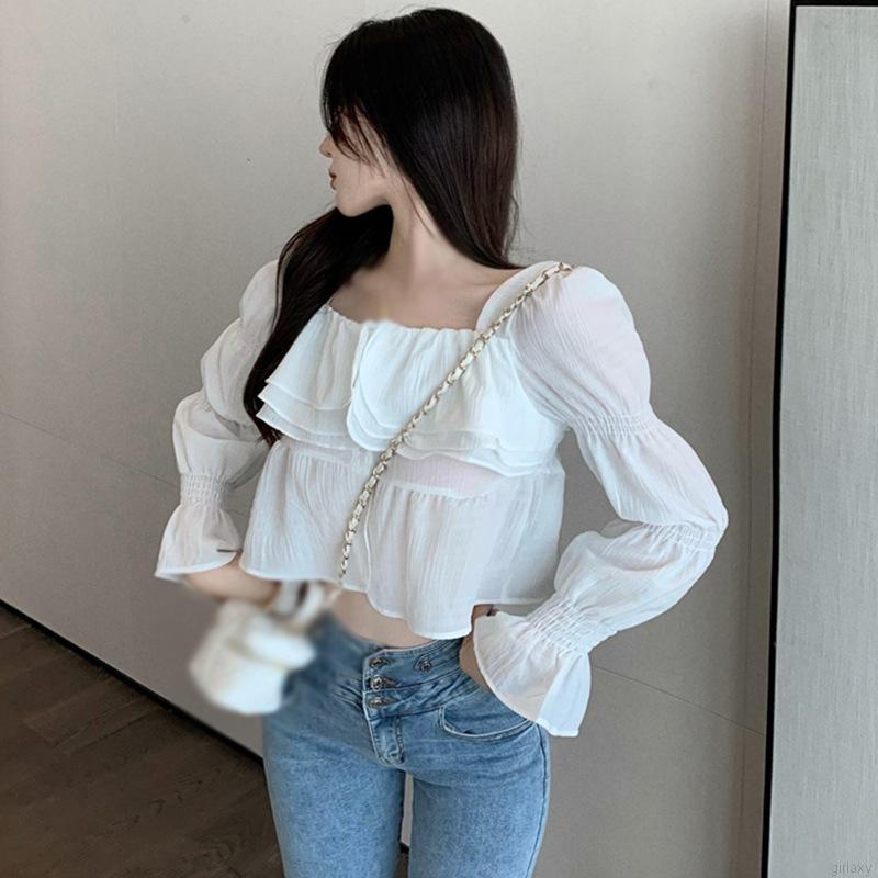 Áo croptop tay dài phồng cổ vuông dáng ôm chất liệu chiffon thời trang Hàn Quốc cổ điển cho nữ