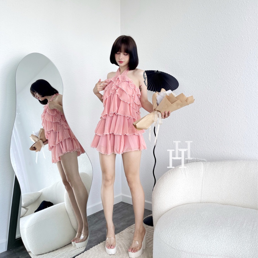 Đầm babydoll yếm tầng màu hồng HDT272 Hỉn Hỉn Store