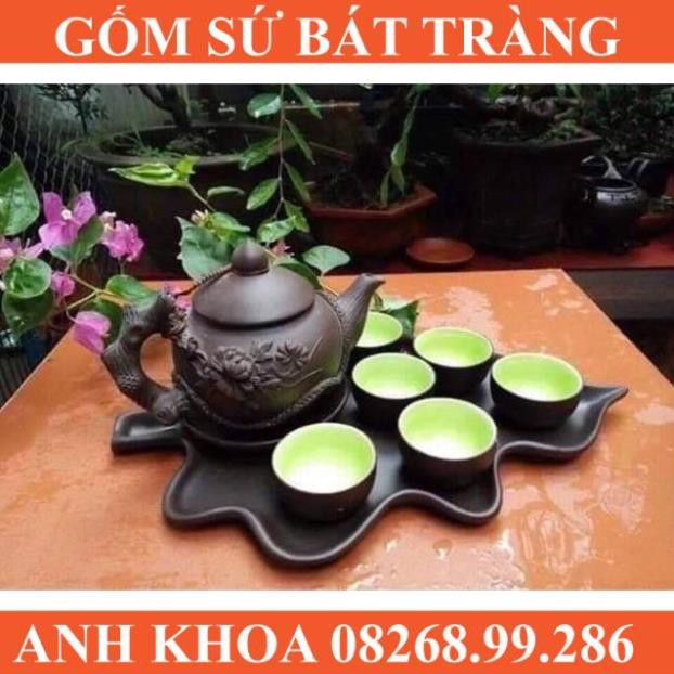 Ấm chén tử sa hoa phù dung Bát Tràng kèm khay - Gốm sứ Bát Tràng Anh Khoa