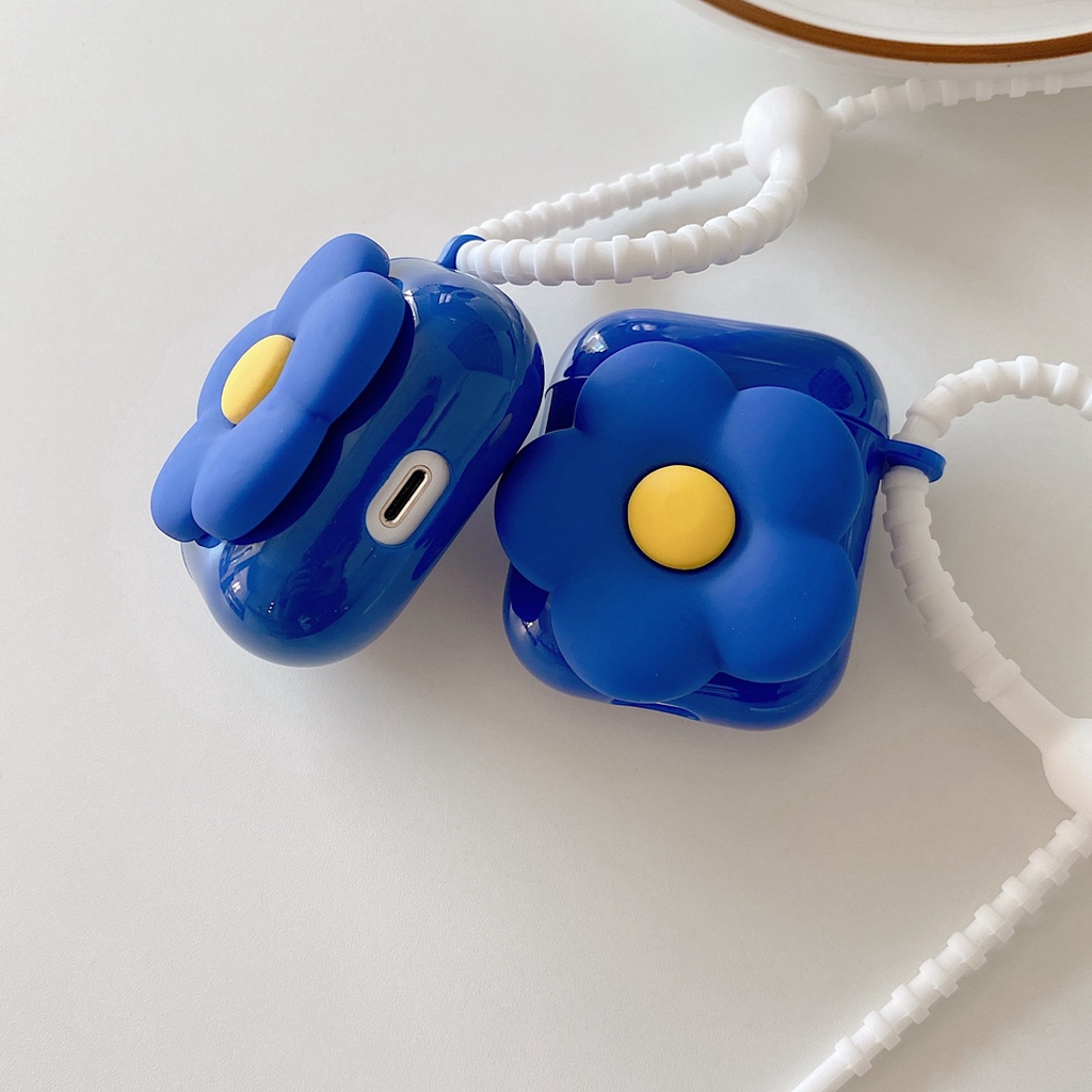 Vỏ hộp sạc tai nghe Bluetooth Airpods 1/2 pro 3 TPU in hoa hướng dương Klein 3D xanh lam có dây
