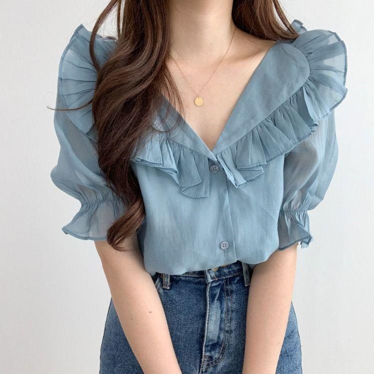 ⊕№☎Áo sơ mi voan tay cánh sen thiết kế thanh lịch cho nữ