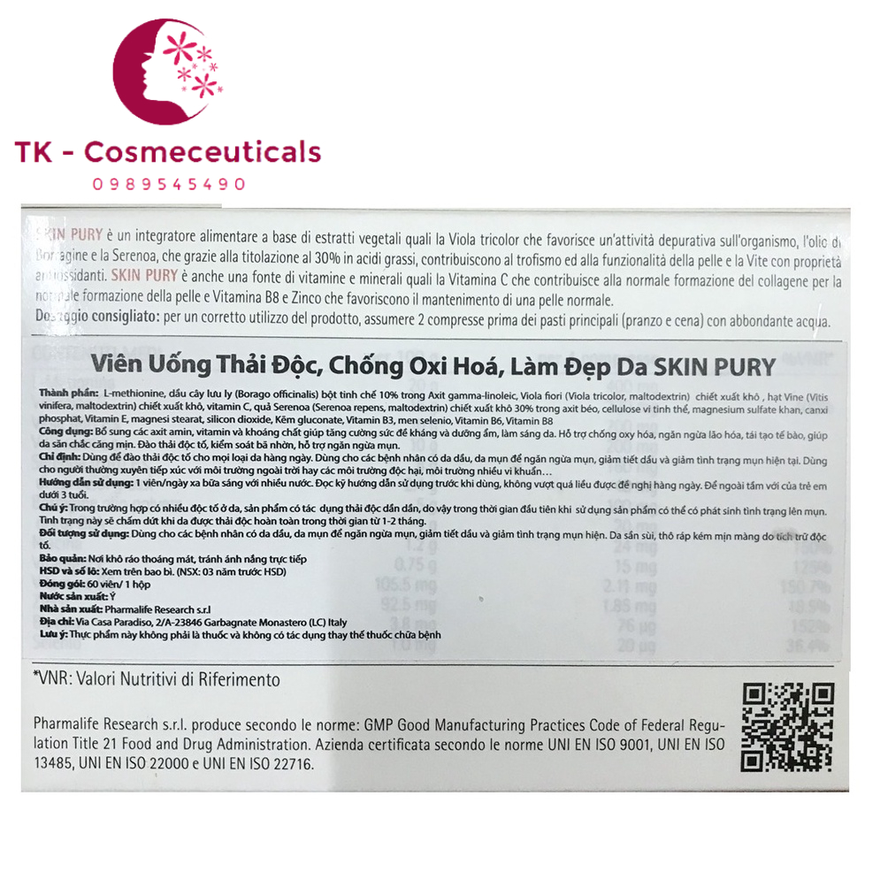 Viên Uống Skin Pury / Skinpury Hỗ Trợ Làm Đẹp Da, Thải Độc, Ngăn Ngừa Lão Hóa - Hộp 60 Viên