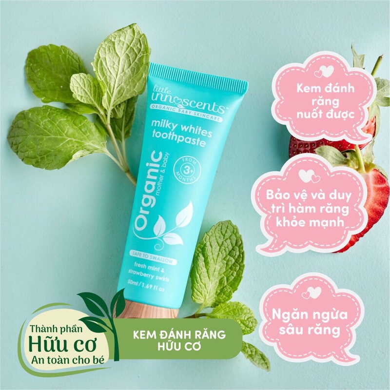 Kem đánh răng hữu cơ nuốt được an toàn cho bé Úc Little Innoscents Milky Whites 50ml [Chính hãng]