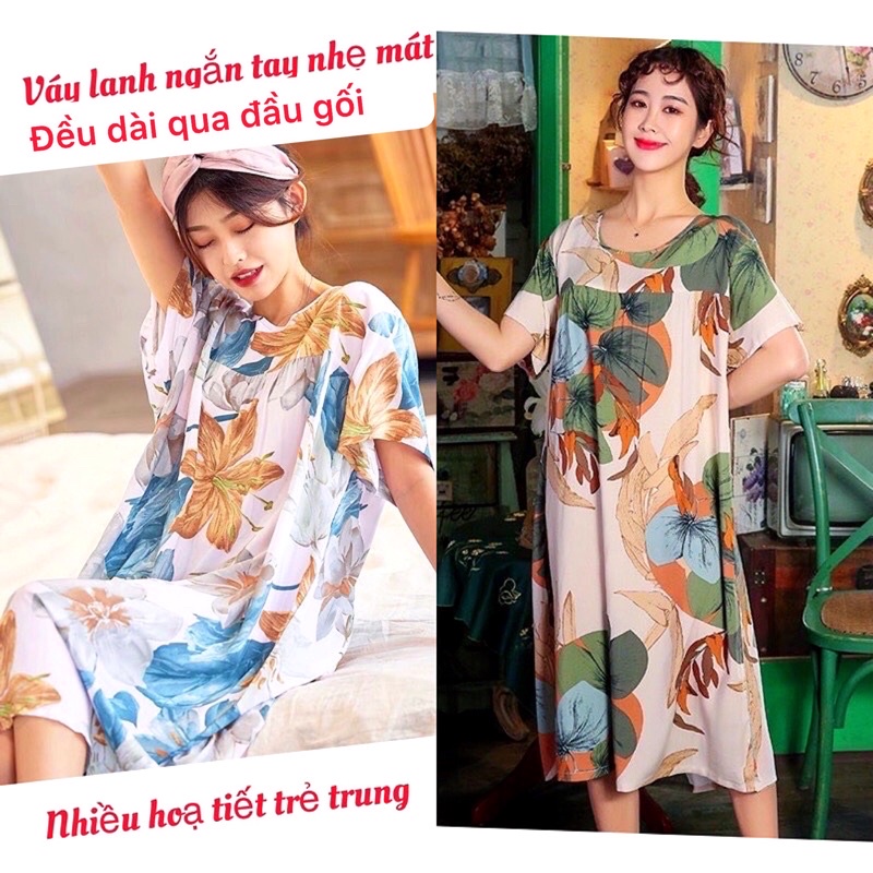 Váy lanh ngắn tay mềm mát, hoạ tiết trẻ trung