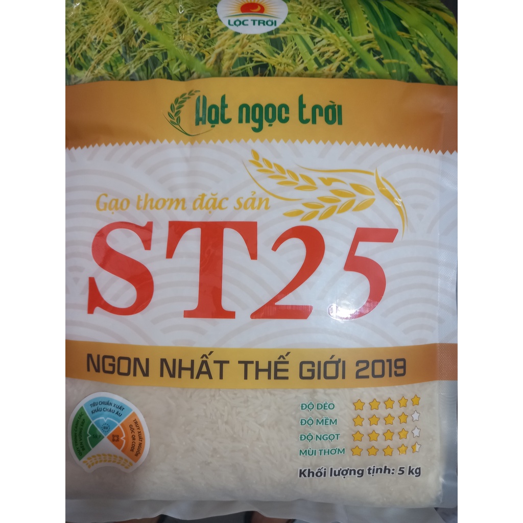 Gạo ST25 Hạt Ngọc Trời túi 5kg - Gạo đạt giải ngon nhất thế giới năm 2019