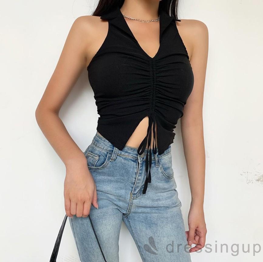 Áo ôm dáng sát nách cổ chữ V khoét sâu phối dây rút gợi cảm hợp mùa hè cho nữ | BigBuy360 - bigbuy360.vn