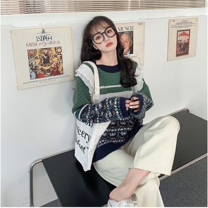 [HÀNG ORDER] Áo len bánh bèo tiểu thư thổ cẩm màu xanh hot trend mùa đông | BigBuy360 - bigbuy360.vn