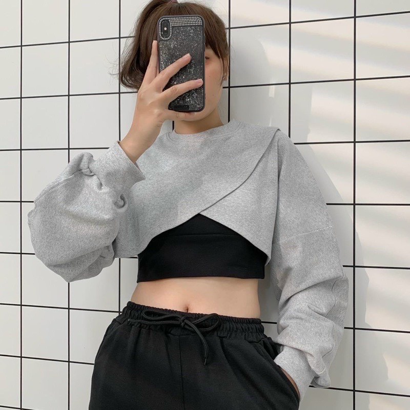 Set áo croptop bắt chéo tay dài, cổ tròn kèm bra siêu xinh chất cotton tici xịn xò- Tuệ Nhiên