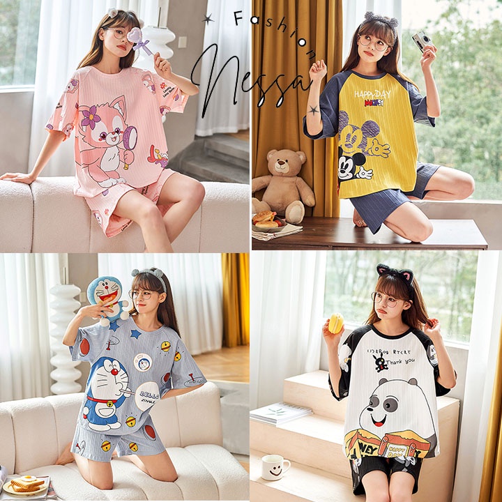 Bộ Đồ Ngủ Nữ Pijama Mặc Ở Nhà Vải Cotton Co Giãn 4 Chiều - Quần Áo Cộc Tay Mùa Hè Xuân Thu Đi Chơi Biển Kiểu Hàn Quốc