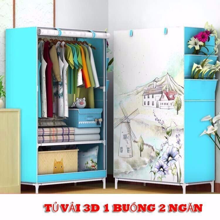 Tủ Vải Đựng Quần Áo Cao Cấp Kiểu Dáng 3D 1 Buồng 2 ngăn, Tủ Vải Khung Inox Treo Quần Áo Nhỏ Gọn Tiện Dụng