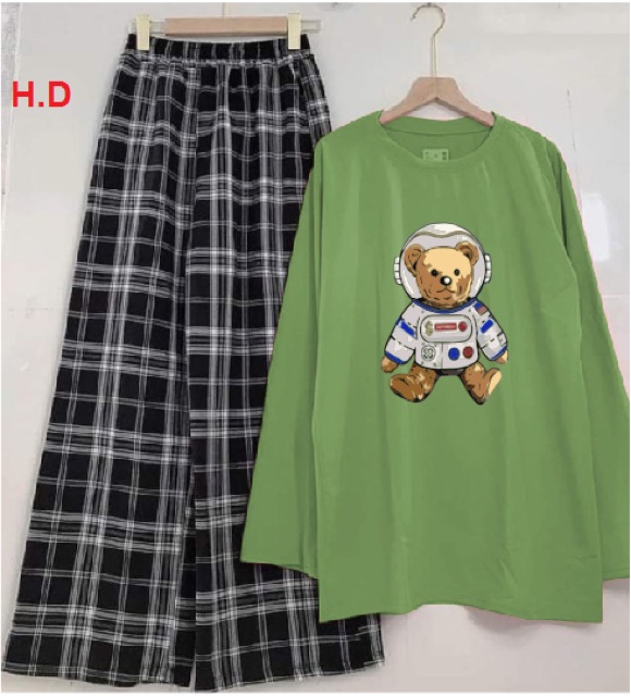 Sét áo gấu tay dài + quần kẻ ô HĐ12 , sét áo nam nữ,  sét bộ mặc ở nhà MODY