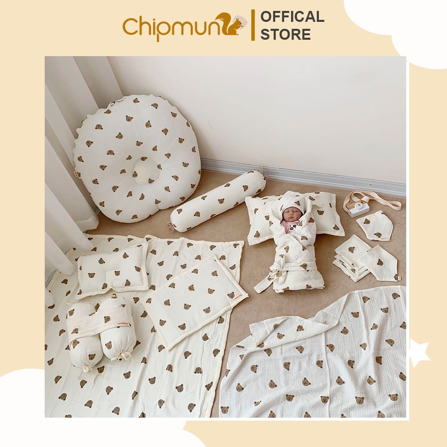 Full bộ chăn gối sơ sinh CHIPMUNK, xô muslin cao cấp organic, an toàn, thoáng khí, không gây kích ứng da