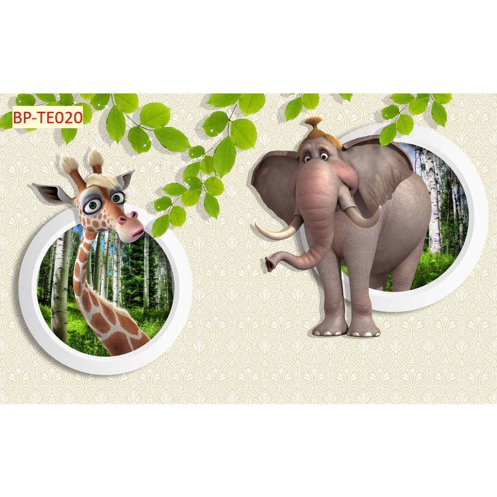 Tranh Dán Tường Phòng Trẻ Em Hoạt Hình Ngộ Nghĩnh động vật trong rừng sâu 3D