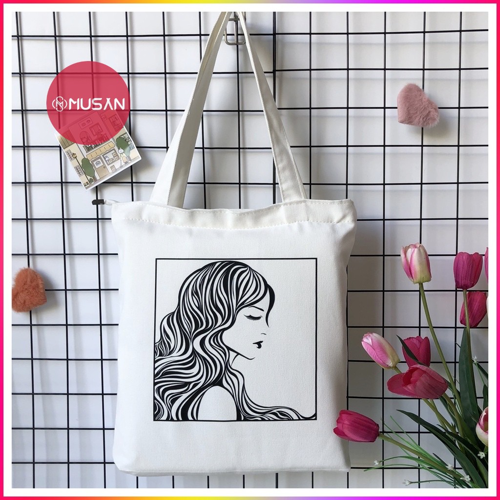 Túi tote vải canvas có khoá kéo miệng túi in hình cô gái tóc xoăn mới nhất