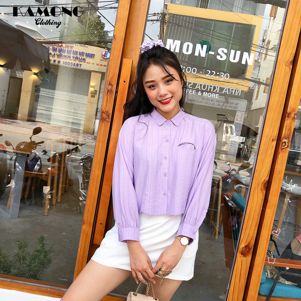 Áo sơ mi croptop lai lượn túi kiểu KAMONG A035