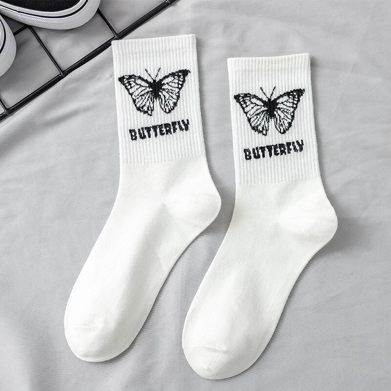 2021 Trend Butterfly Socks White Women Streetwear Harajuku Women Crew Cotton Socks Size 36-42 Japanese Hip-hop Skateboard Socks