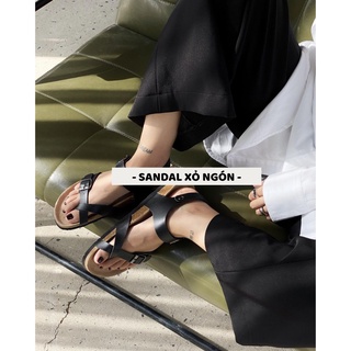 Sandal xỏ ngón màu đen đế trấu quai da Pu Basic unisex