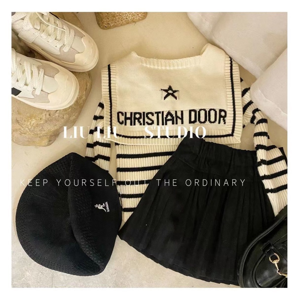 ✨Đốm✨ Áo Khoác Sweater Dệt Kim Kẻ Sọc Kèm Khăn Choàng Phong Cách Phương Tây Thời Trang Mùa Thu 2022 Mới Cho Bé Gái