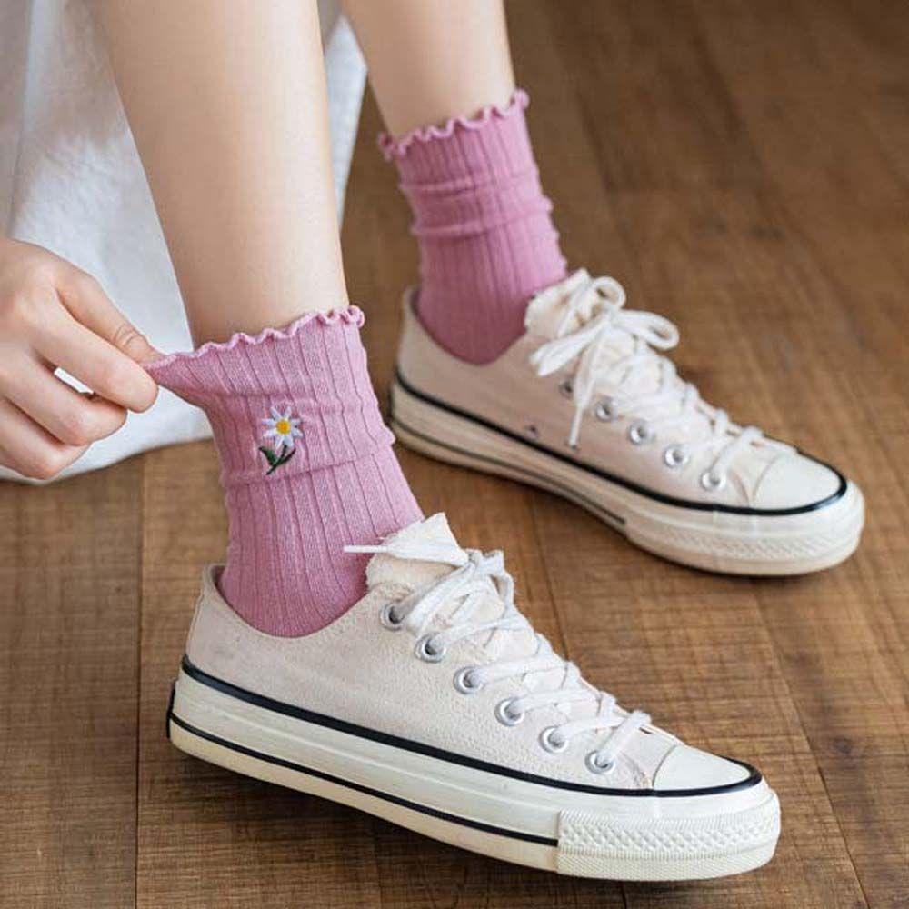 Vớ Cotton Màu Trơn Thoáng Khí Thoải Mái Họa Tiết Hoa Phong Cách Hàn Quốc Cổ Điển Cho Nữ