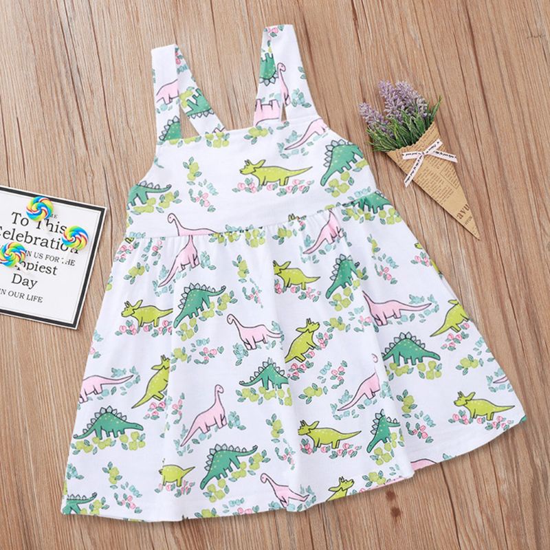 Đầm Không Tay Hở Lưng In Hình Khủng Long Dễ Thương Thời Trang Mùa Hè Cho Bé Gái
