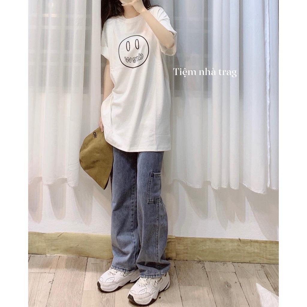 Áo phông tay lỡ unisex form rộng hình Mặt cười Drew_Áo thun tay cộc nam nữ basic, hottrend