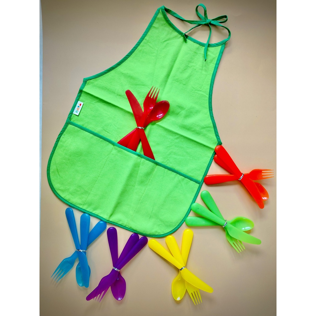 Bộ 3 cái muỗng nĩa nhựa IKEA nhiều màu sắc cho trẻ - (Màu ngẫu nhiên_Không gồm tạp dề) TEDU