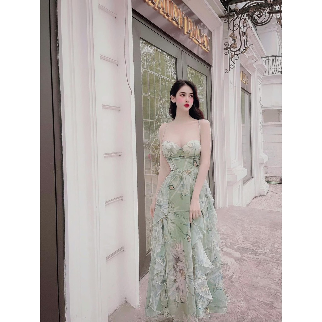 [CH13] Đầm Voan Hoa 2 Dây Đuôi Bèo Xòe Chíp Eo Nơ Lưng - Vải Voan - 2 Màu Xanh, Nude - Dành Cho Nàng Đi Chơi, Dự Tiệc | BigBuy360 - bigbuy360.vn