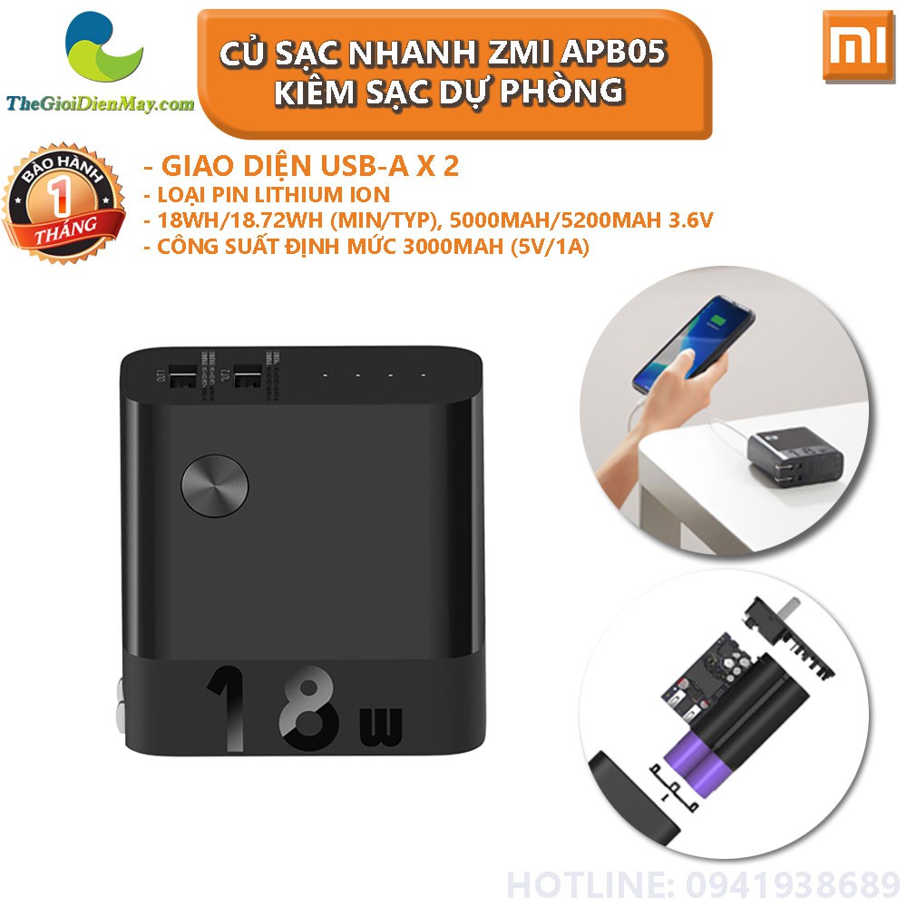 Củ Sạc Nhanh ZMI APB05 Kiêm Sạc Dự Phòng 5000 mAh 18W - Bảo hành 1 tháng - Shop Thế Giới Điện Máy