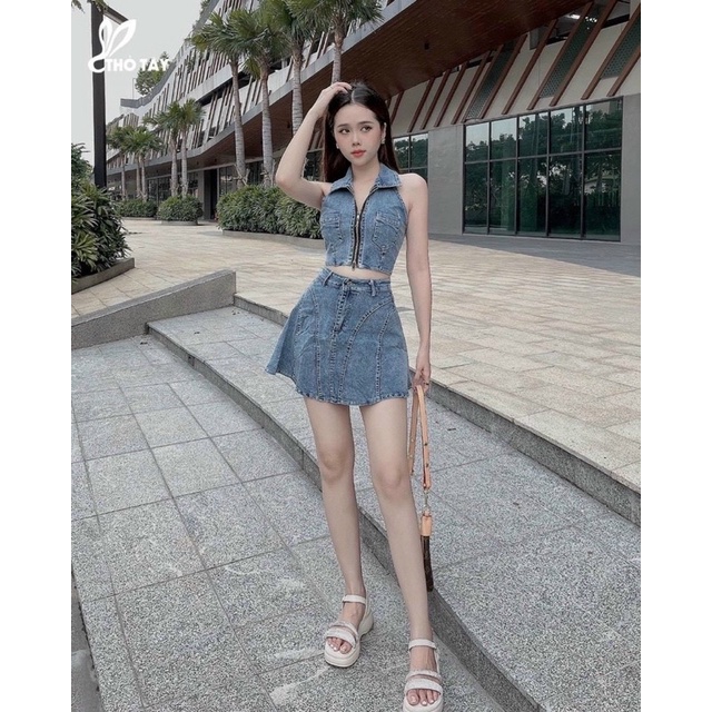 Set jean cổ yếm chân váy