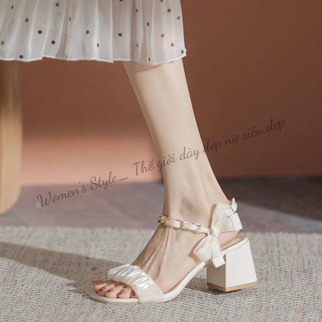 Giày cao gót quai nhún bèo 7 phân Womenstyle quai hậu dây xích thắt nơ phong cách cổ tích size 35-39 TD20